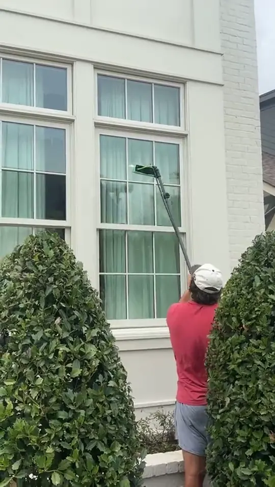 Technician reaching over a clipped hedge to clean a window